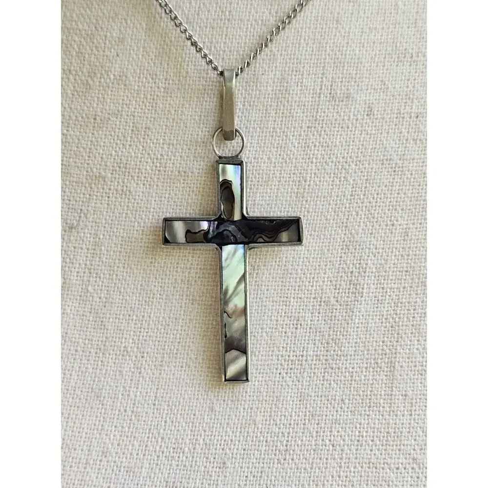 Vintage Cross Pendant Abalone Shell Inlay Mexico Southwestern Boho Festival - Picture 2 of 9